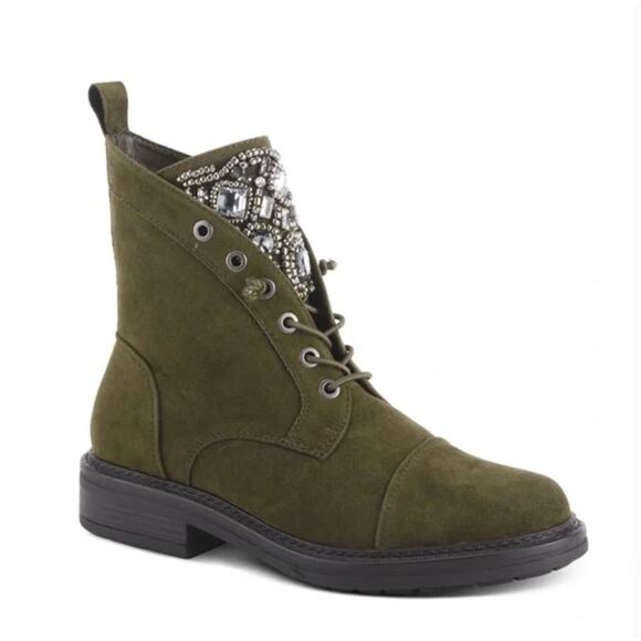 Patrizia Blazin Combat Boots 9 NWT Olive Green Jewel Lace Up Ankle Booties Suede - Picture 1 of 9